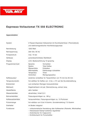 Espresso-Vollautomat TX 550 ELECTRONIC - Kaffeevollautomaten ...