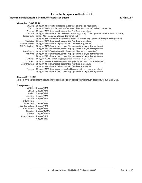 Fiche technique santÃ©-sÃ©curitÃ© - Kaiser Aluminum