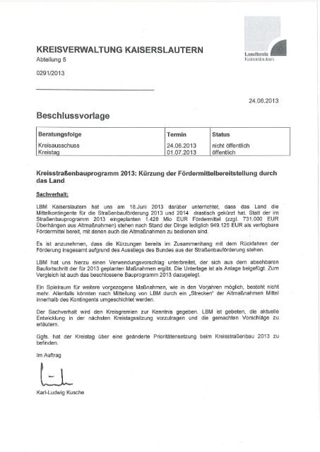 NIEDERSCHRIFT - Landkreis Kaiserslautern