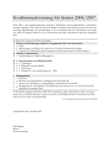 Kvalitetsredovisning för läsåret 2006/2007 - Kalmar kommun