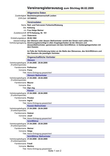 Vereinsregisterauszug zum Stichtag 08.02.2009 - Kalwang