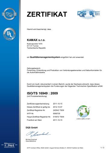 Zertifizierungsurkunde - ISO TS 16949, ISO 9001 - Kamax