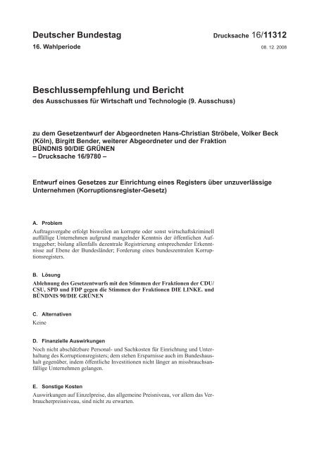 Beschlussempfehlung und Bericht des Ausschusses fÃ¼r Wirtschaft ...