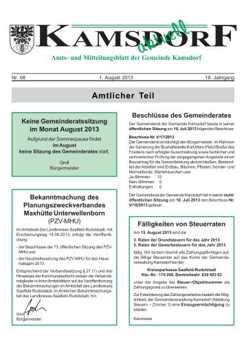 Amtsblatt, Monat August 2013 - Kamsdorf