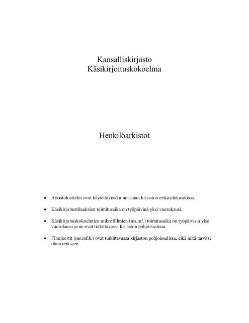 Kansalliskirjasto KÃ¤sikirjoituskokoelma HenkilÃ¶arkistot