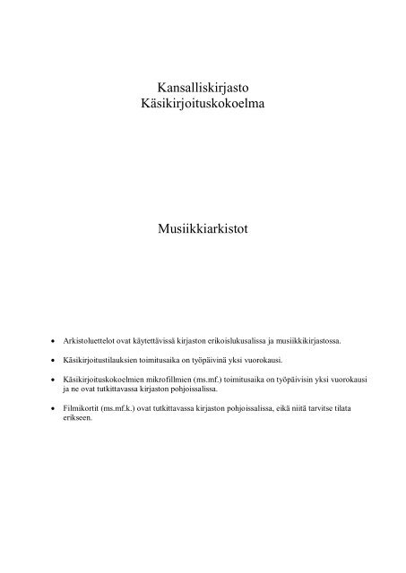 Musiikkiarkistot ja sÃ¤vellyskÃ¤sikirjoitukset - Kansalliskirjasto