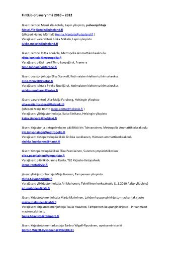 FinELib-ohjausryhmÃ¤ 2010 â 2012 - Kansalliskirjasto