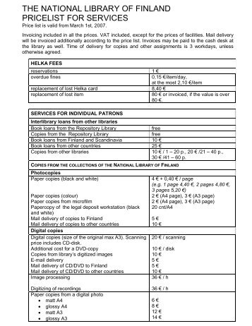 the national library of finland pricelist for services - Kansalliskirjasto