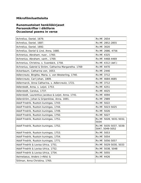 Mikrofilmiluettelo: Runomuotoiset henkilÃ¶kirjaset - Kansalliskirjasto