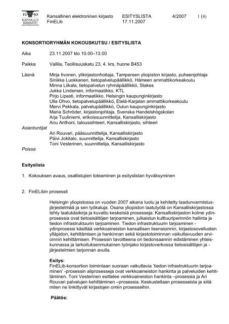 Kansallinen elektroninen kirjasto ESITYSLISTA 4 ... - Kansalliskirjasto