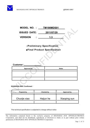 MODEL NO. : TM190MDS01 ISSUED DATE: 2011/07/29 VERSION ...