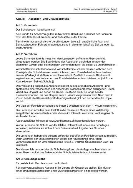 Kap. III Absenzen- und Urlaubsordnung Art. 1 - Kantonsschule ...