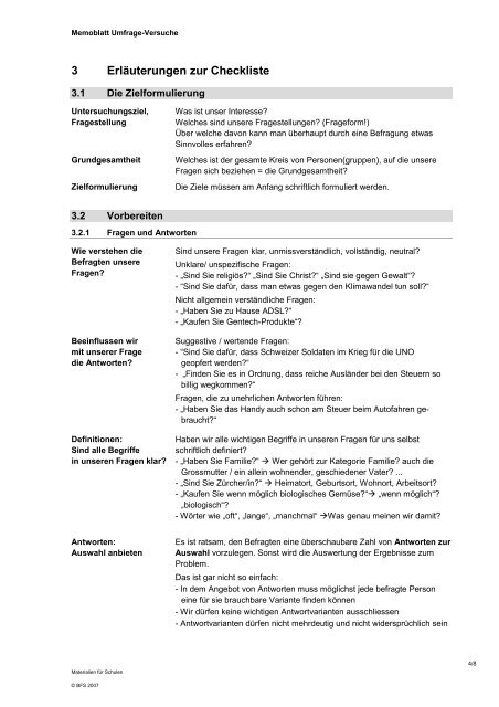 Memoblatt Umfrage-Versuche - Bundesamt fÃ¼r Statistik - CH