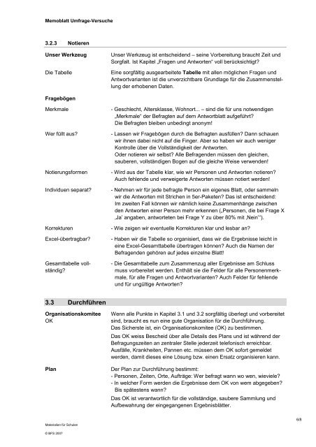 Memoblatt Umfrage-Versuche - Bundesamt fÃ¼r Statistik - CH