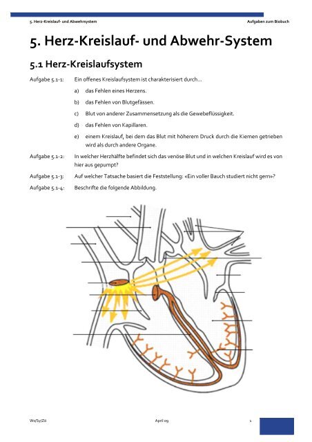 Aufgabe Herz Kreislauf System 5. Herz-Kreislauf- und Abwehr-System