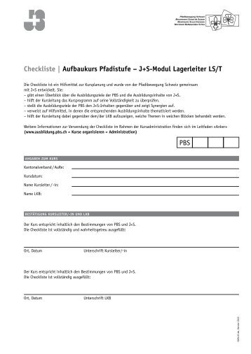 Checkliste | Aufbaukurs Pfadistufe â J+S-Modul Lagerleiter LS/T PBS