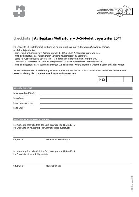 Checkliste | Aufbaukurs Wolfsstufe â J+S-Modul Lagerleiter LS/T PBS