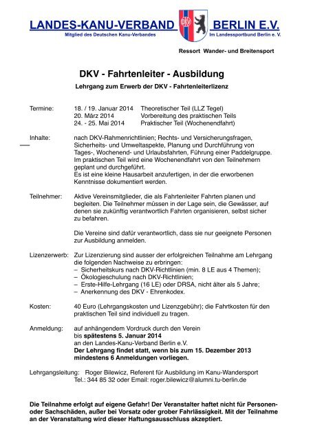 DKV - Fahrtenleiter - Ausbildung - Landes-Kanu-Verband Berlin