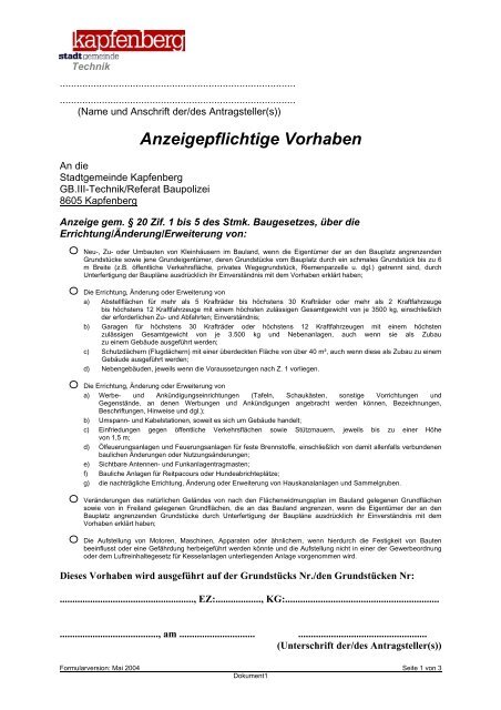 Anzeigepflichtige Vorhaben - Stadtgemeinde Kapfenberg