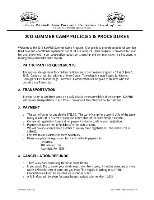 2013 SUMMER CAMP POLICIES & PROCEDURES - KAPRB