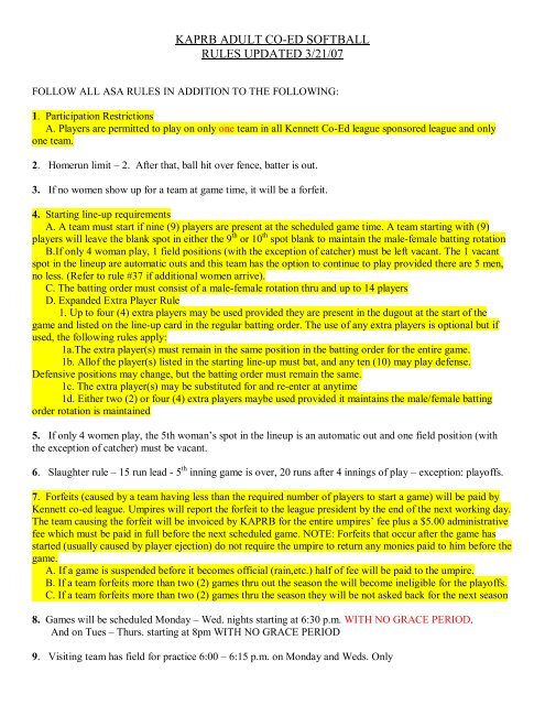 KAPRB ADULT COED SOFTBALL RULES UPDATED 3/21/07