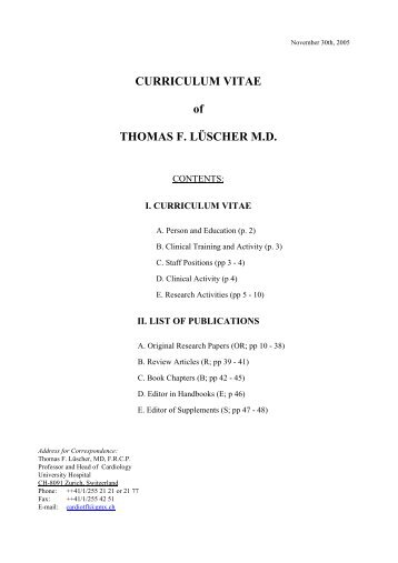 Curriculum vitae of thomas f. lÃ¼scher m.d. - Klinik fÃ¼r Kardiologie