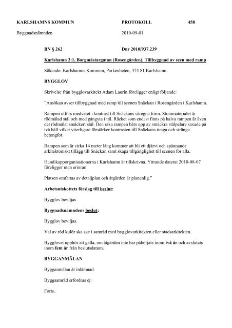 protokoll frÃ¥n sammantrÃ¤de med byggnadsnÃ¤mnden - Karlshamn