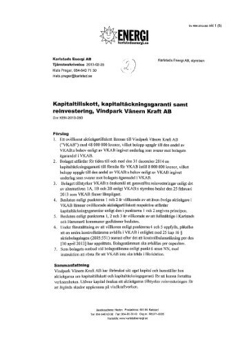 Kapitaltillskott, kapitaltäckningsgaranti samt reinvestering, Vindpark ...