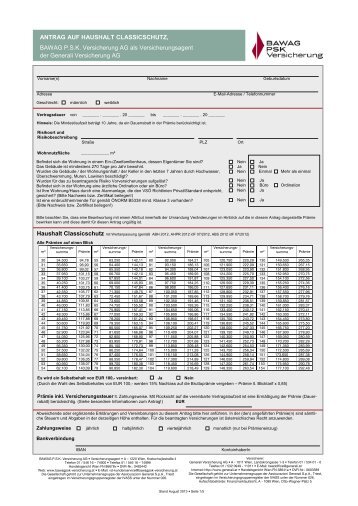 Antrag zum Haushalt Classicschutz - BAWAG PSK Versicherung