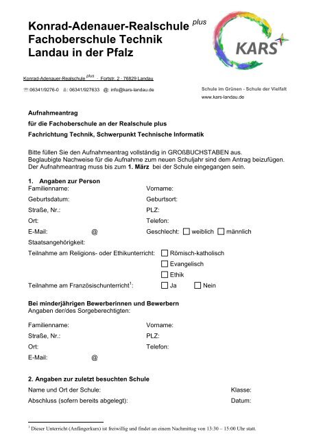 Anmeldeformular FOS - Konrad Adenauer Realschule Landau