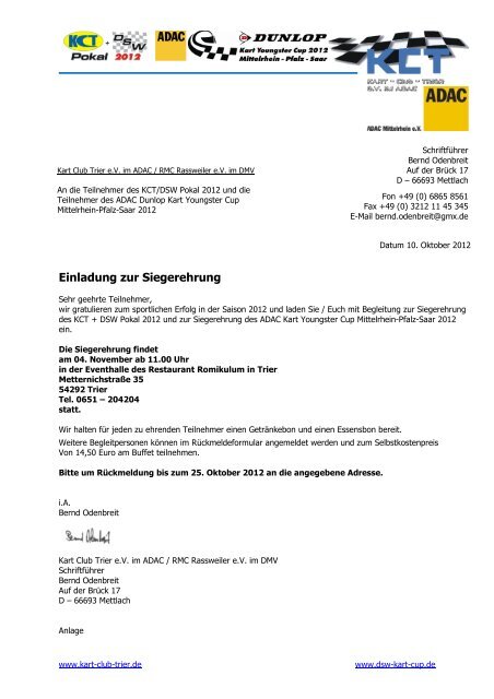 Einladung zur Siegerehrung - Kart Club Trier