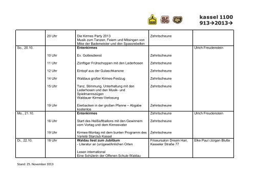 kassel 1100 â jubilÃ¤umsprogramm des stadtteils waldau
