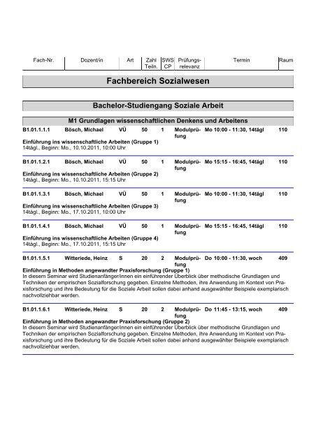 Vorlesungsverzeichnis des Fachbereichs Sozialwesen WiSe 2011 ...