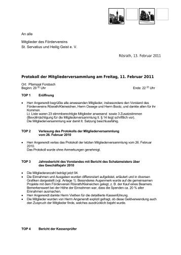 Protokoll der Mitgliederversammlung am Freitag, 11. Februar 2011