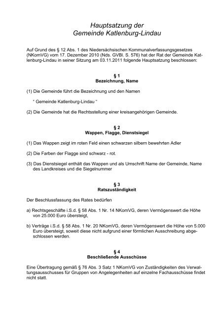 Hauptsatzung der Gemeinde Katlenburg-Lindau