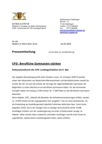 Pressemitteilung SPD: Berufliche Gymnasien stÃ¤rken - Katrin Altpeter