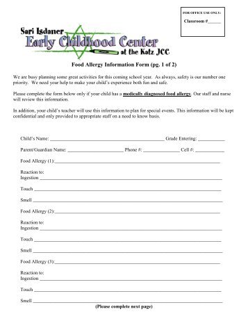 Food Allergy Information Form (pg. 1 of 2) - Katz JCC