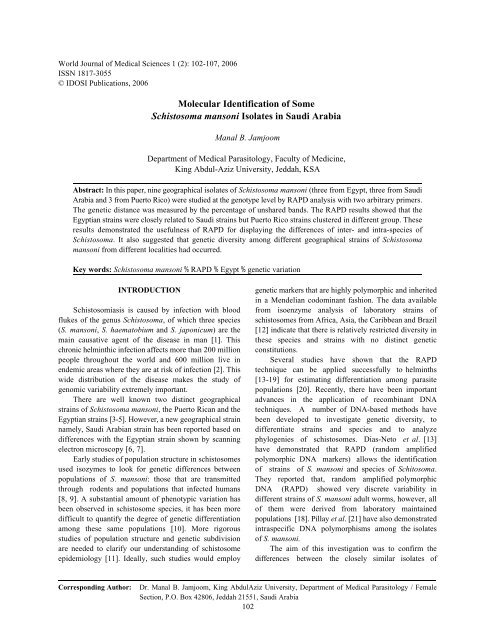 Molecular identification of some Schistosoma mansoni isolates in Sa