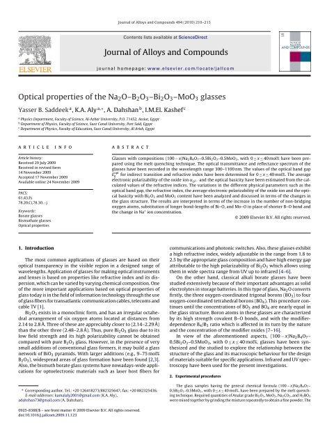 Optical properties of the Na2OÃ¢â¬âB2O3Ã¢â¬âBi2O3Ã¢â¬âMoO3 glasses