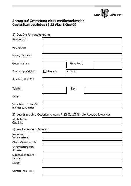Antrag auf Gestattung eines vorÃ¼bergehenden GaststÃ¤ttenbetriebes