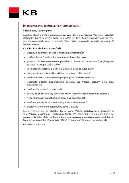 Informace pro držitele platebních karet (PDF soubor) - Komerční banka