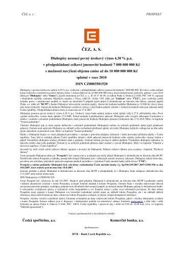 Prospekt dluhopisů ČEZ, a.s. 4,30% / 2010, ISIN - Komerční banka