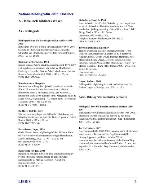 A - Bok- och biblioteksväsen Nationalbibliografin 2005 - Kungliga 