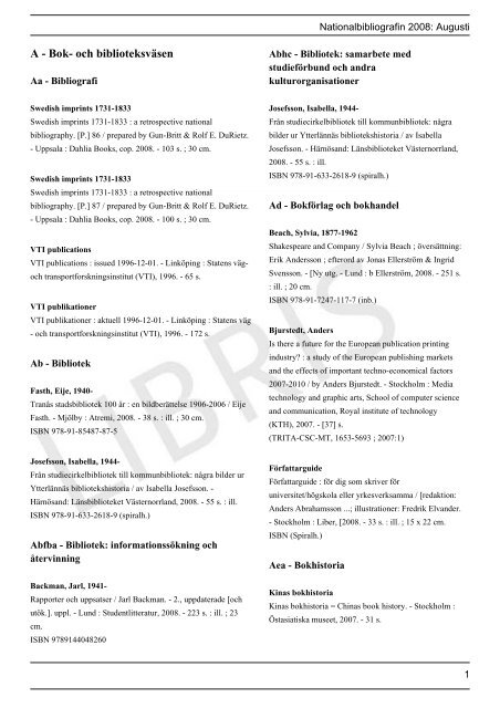 Nationalbibliografins Manadsforteckning Aug 2008 Kungliga