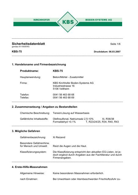 KBS-92 Sicherheits-Datenblatt - KBS Kirchhofer-Bodensysteme AG