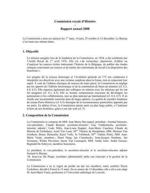 Commission royale d'Histoire : Rapporat annuel 2008 - Koninklijke ...