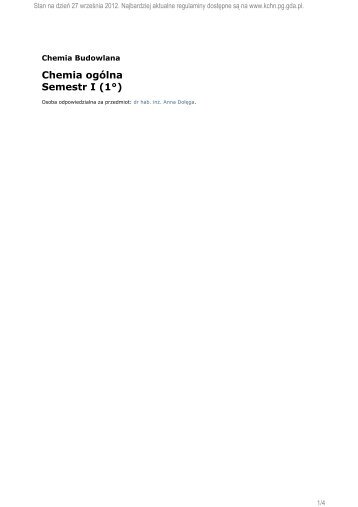 Chemia ogólna Semestr I (1°) - Katedra Chemii Nieorganicznej