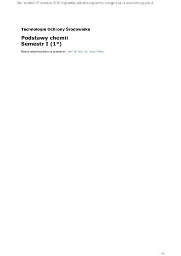Podstawy chemii Semestr I (1°) - Katedra Chemii Nieorganicznej