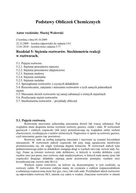 Stężenia roztworów. Stechiometria reakcji w roztworach