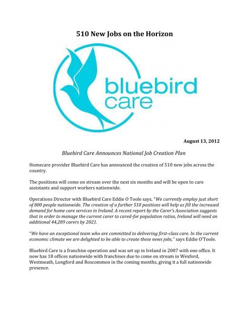 510 New Jobs on the Horizon - Bluebird Care